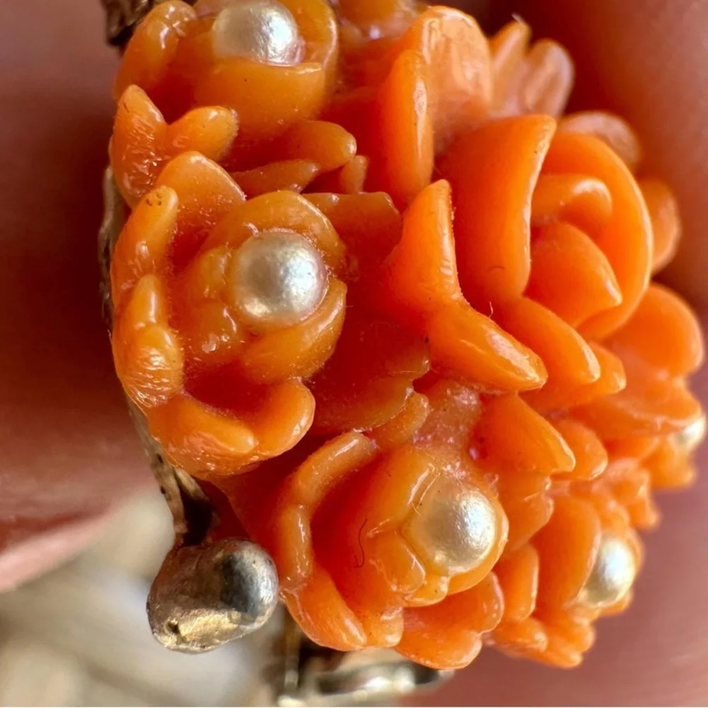 1930’s Vintage Rose Celluloid Coral Brooch Pin with Pearls